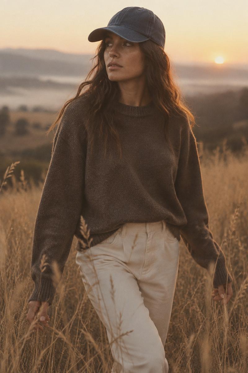 Woman in a field at dawn wearing an indigo cap