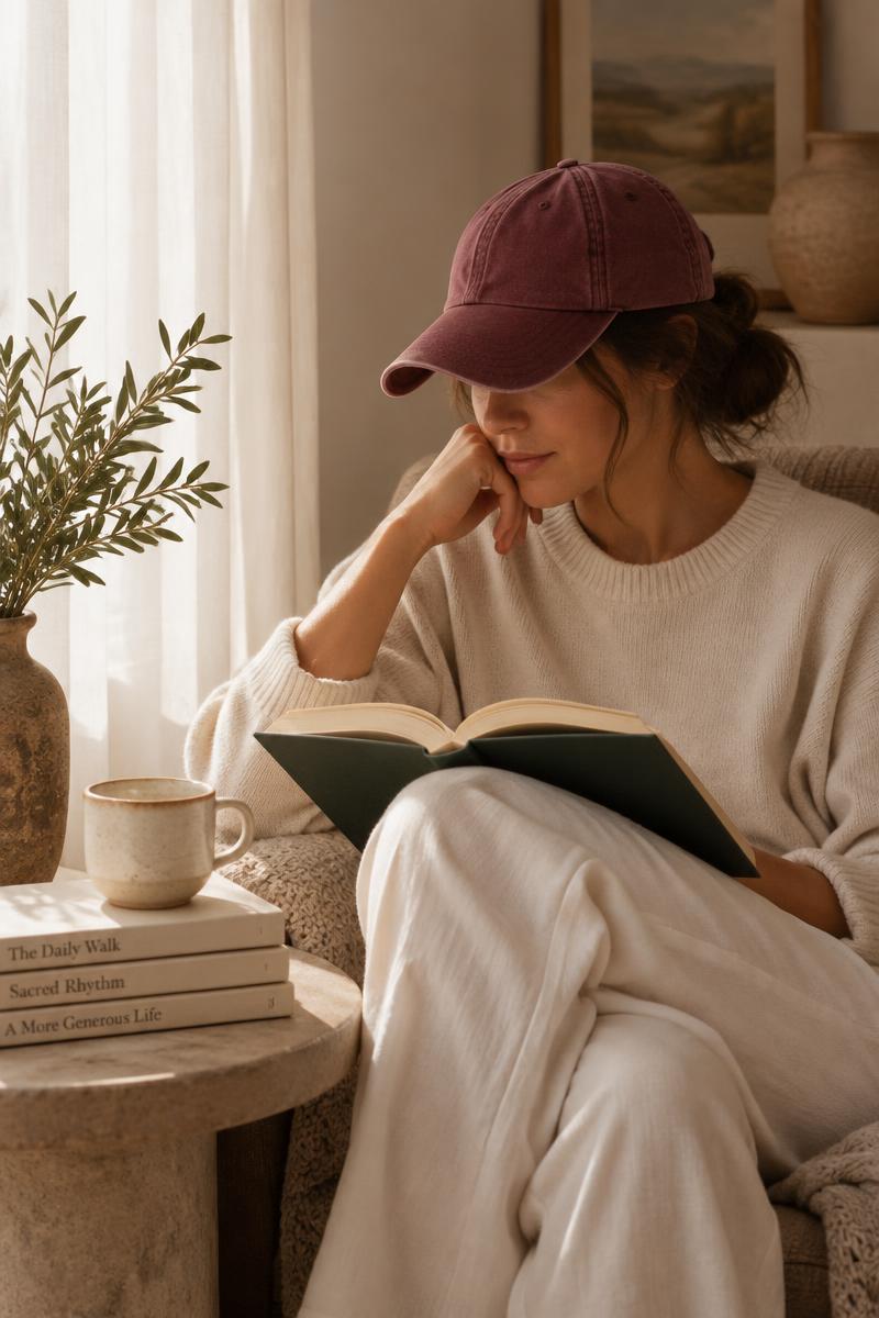 Woman reading in soft light wearing a merlot cap