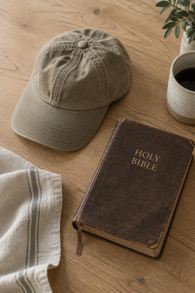 Khaki cap beside a leather bible on oak